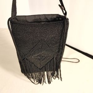 Black Beaded Cross body Bag Clutch Bag Diamond Design Bamboo Trading Co. Fringe